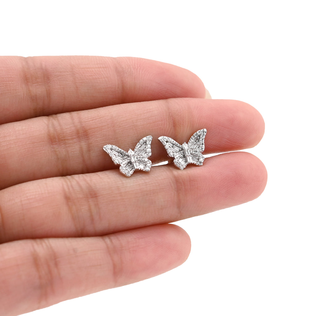 10K White Gold 0.27CT Natural Diamond Round & Baguette Butterfly Stud Women Earring