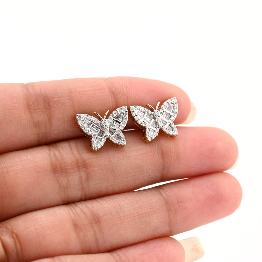 10K Yellow Gold 0.5 CT Baguette & Round Natural Diamond Butterfly Studs Women Earring