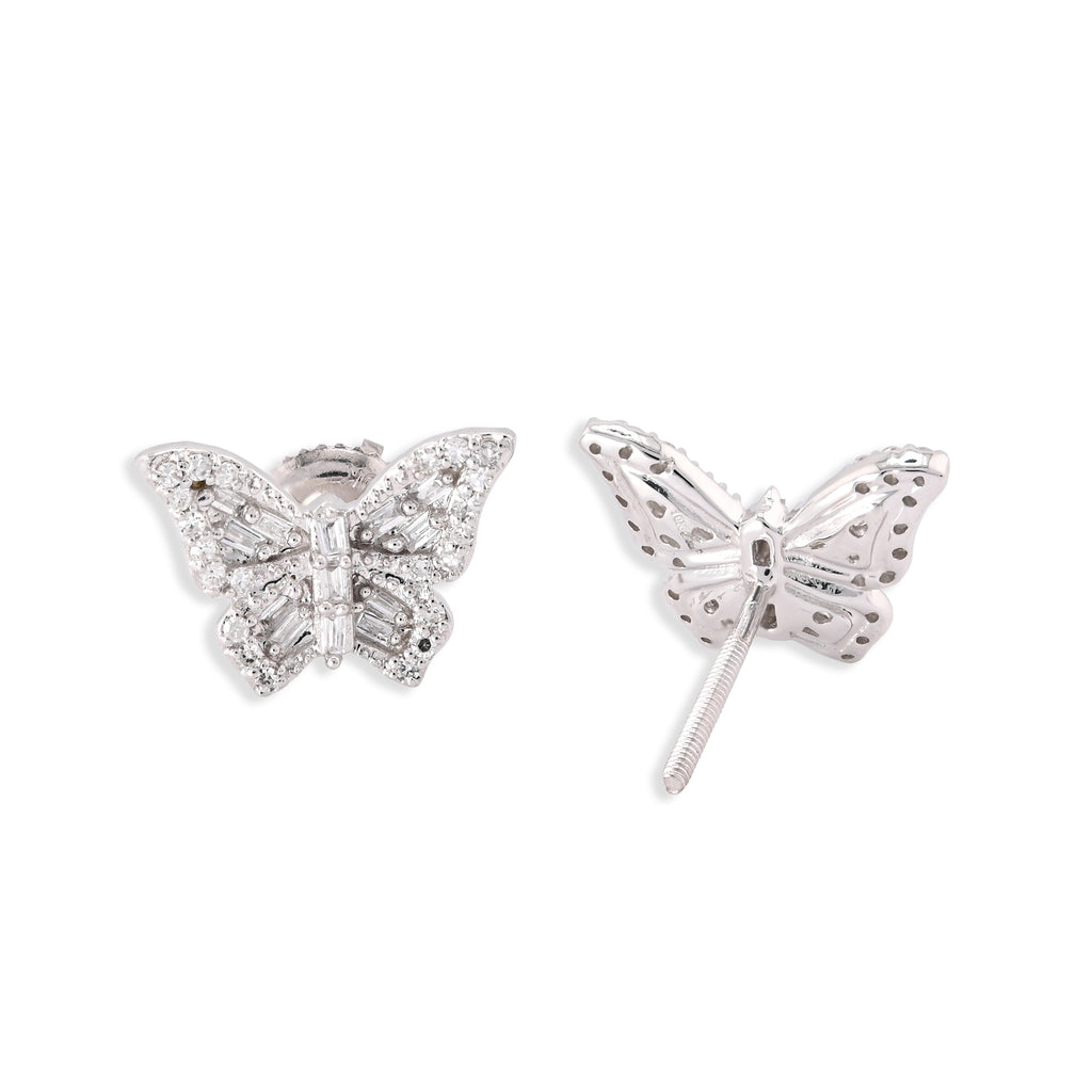 10K White Gold 0.27CT Natural Diamond Round & Baguette Butterfly Stud Women Earring