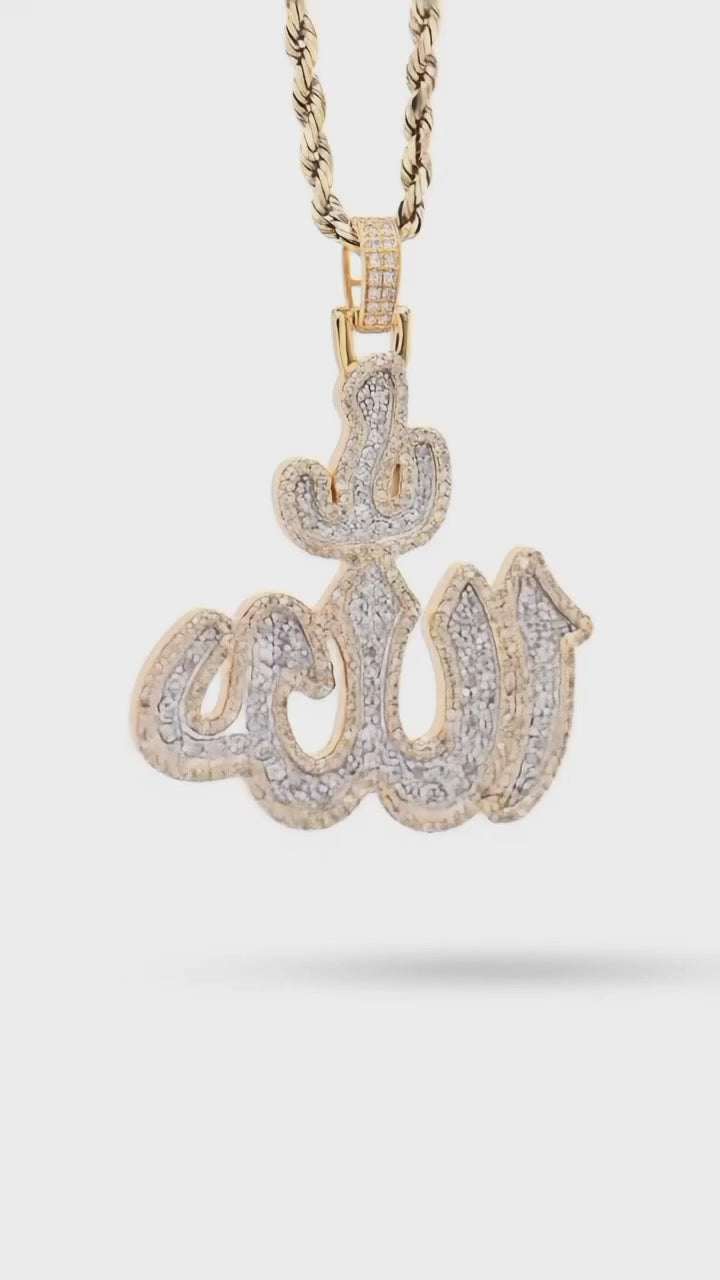 10K Yellow Gold 1.25 CT Natural Diamond Allah Religious Pendant Men Women Charm 1.75"